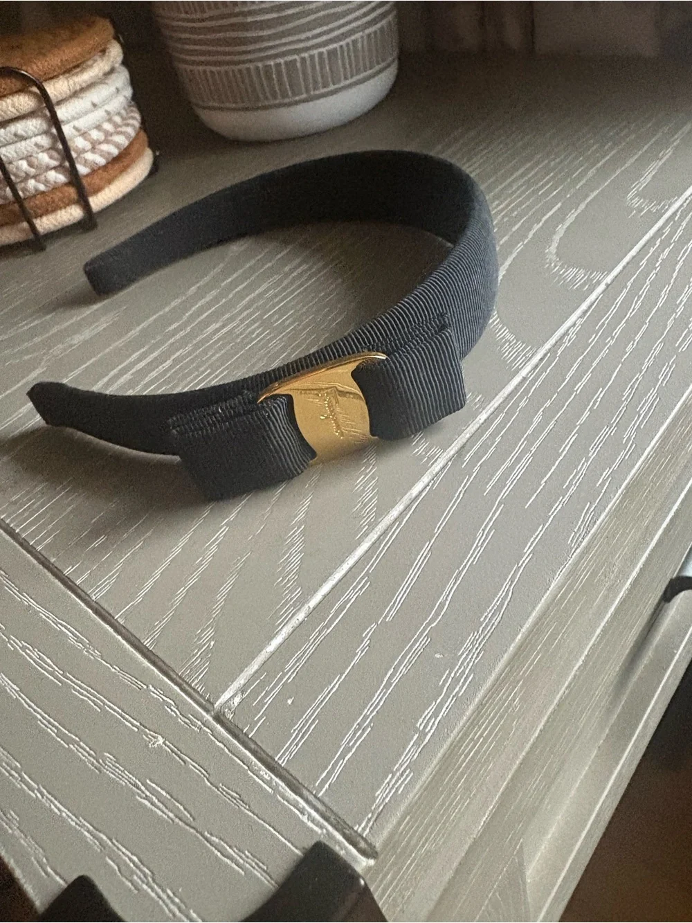 Salvatore Ferragamo Black Grosgrain Headband with Gold Plaque Bow